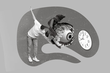 Collage illustration of person big flower eyeball instead head look wall watch time isolated on...
