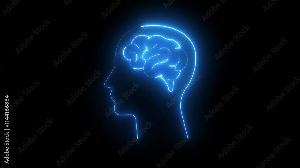 Poster neon brain icon animation. abstract circuit brain animation. glowing complicated brain. brain work i