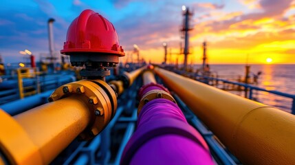 A striking view of pipelines leading into the ocean at sunset, showcasing the beauty of industrial infrastructure along with the natural environment surrounding it.