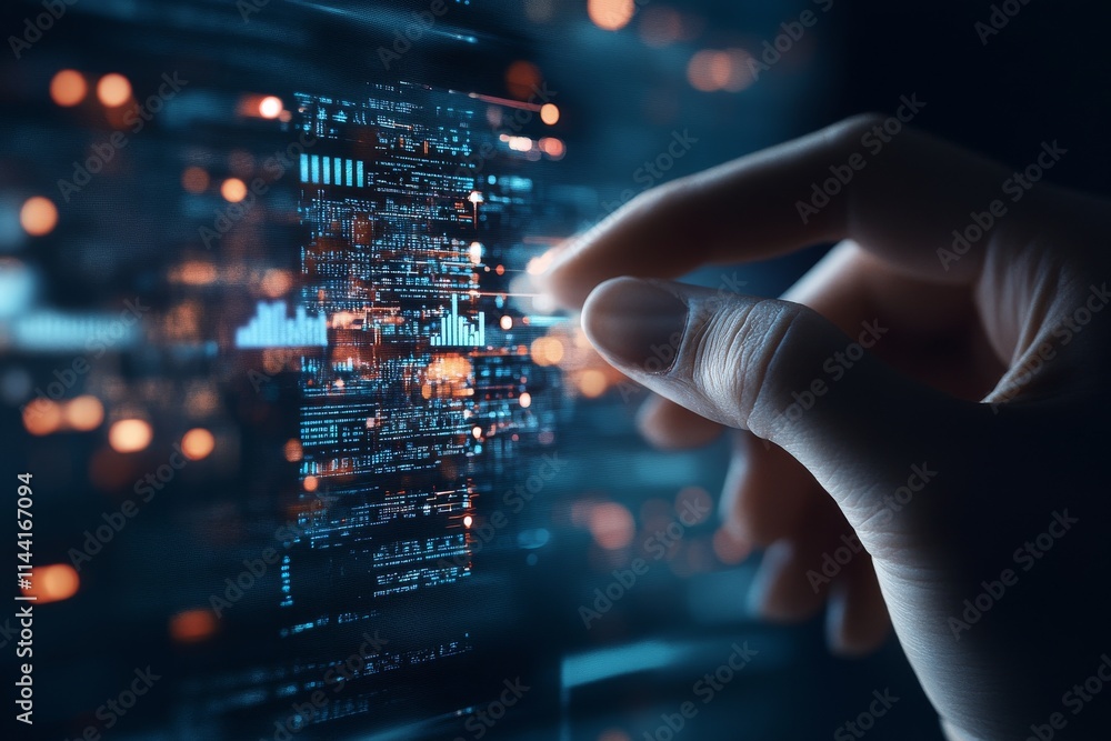 Poster hand interacting with digital data interface in a futuristic tech environment