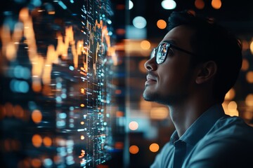 Observing market trends through data visualization in a modern office setting during the evening