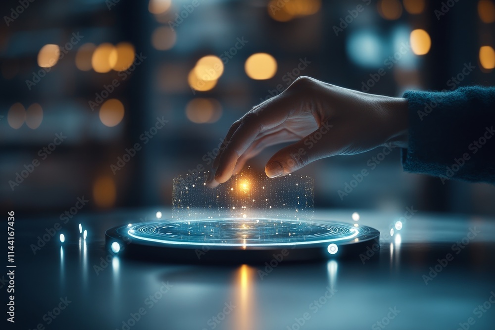 Poster hand interacting with a holographic interface displaying glowing data points in a futuristic environ