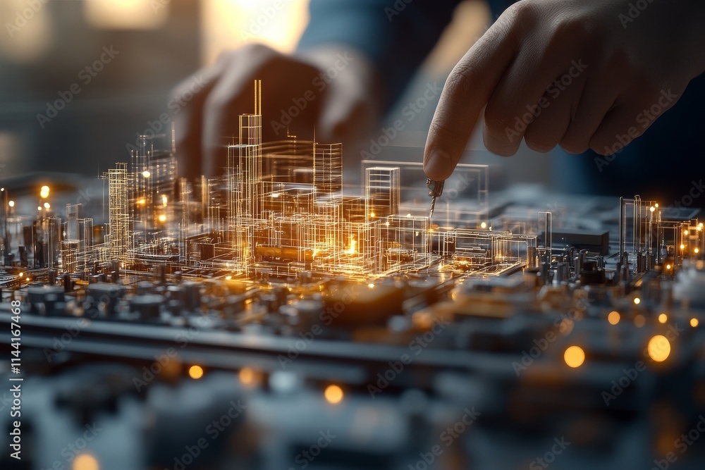 Poster technological innovation showcased through hands working on a digital city model with glowing elemen