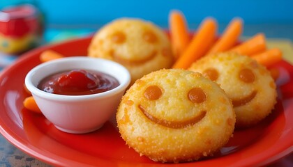 Fun smiley face potato snacks served with ketchup and carrot sticks on a red plate
