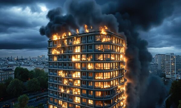 Flames and smoke billow from a high-rise building in a city, creating a dramatic sight as emergency responders arrive on scene
