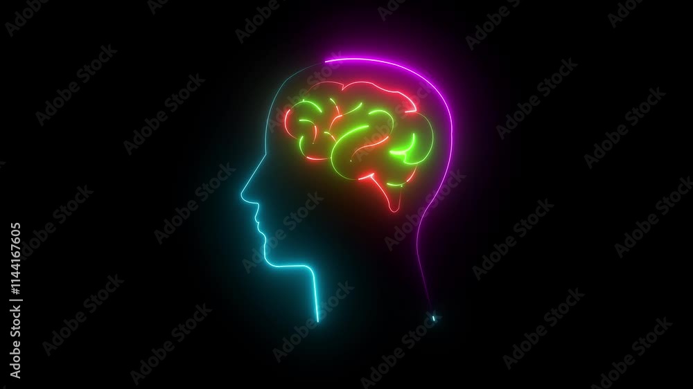 Aufkleber neon brain icon animation. abstract circuit brain animation. glowing complicated brain. brain work i