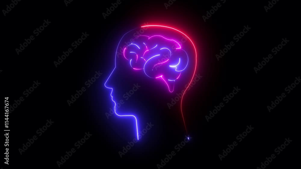 Poster neon brain icon animation. abstract circuit brain animation. glowing complicated brain. brain work i
