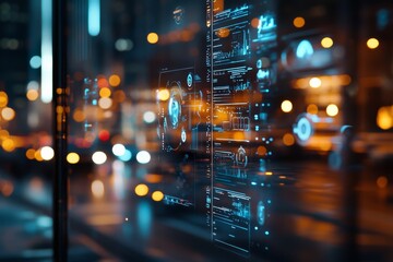 Modern cityscape showcasing digital interface with glowing elements at night
