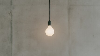 Glowing lightbulb hanging against a textured wall.