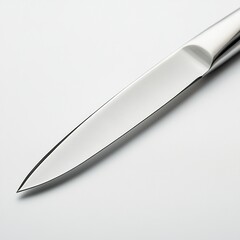 Close-up of a sharp, stainless steel knife tip on a white background.