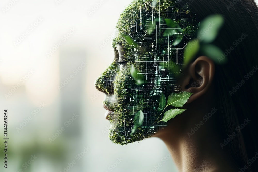 Poster nature and technology merge in woman’s face surrounded by greenery and digital patterns
