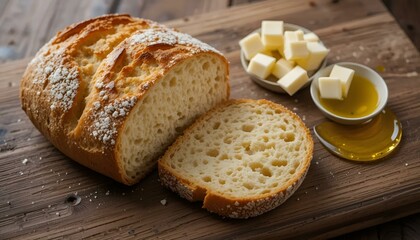 Freshly baked bread loaf with butter and olive oil, rustic presentation, food photography