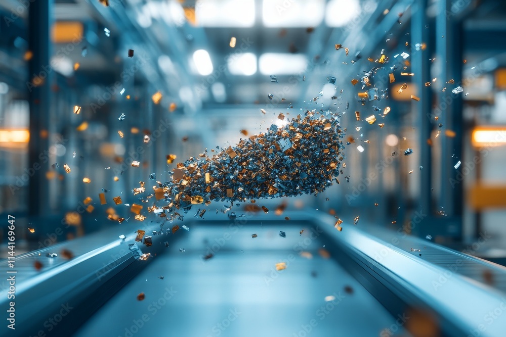 Aufkleber particles of metal debris suspended in a factory setting during processing operations in a modern in