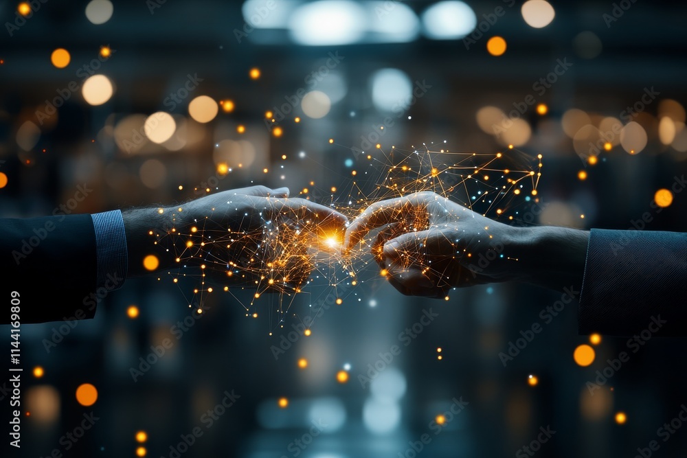 Poster connection between two hands symbolizing communication and technology in a futuristic setting