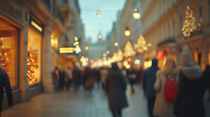 Blurred crowd of people enjoying festive winter atmosphere on a bustling city street in the evening