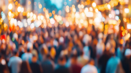 Blurred festive winter crowd enjoying lights and celebration in a bustling urban setting
