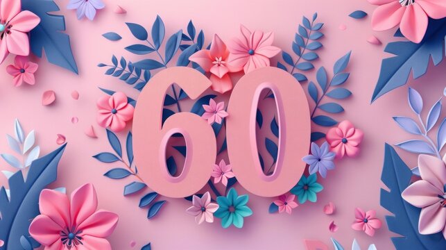 Charming and pastel-themed birthday card featuring the number 60 surrounded by vibrant pink, blue, and teal floral designs, evoking a cheerful and artistic celebration mood.