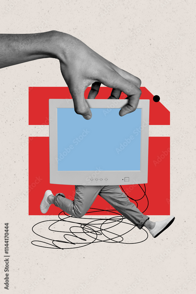 Poster composite trend artwork sketch image photo collage of anonymous man holding obsolete computer screen