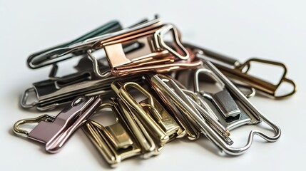 Clips (Assorted Sizes): A variety of office clips, including jumbo and medium-sized clips, isolated on a white background. 