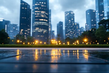 Obraz premium City skyline at dusk reflecting lights on wet pavement after rain