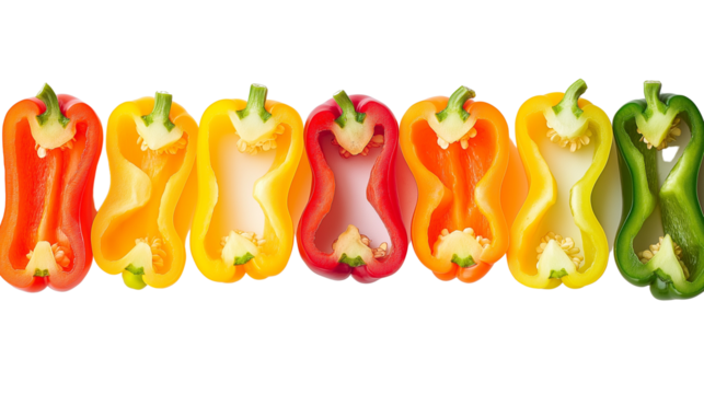 Geometric arrangement of sliced bell peppers, rainbow colors, minimalist white background, architectural food photography.