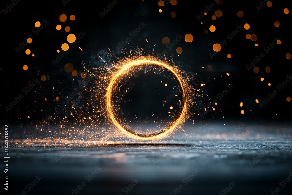 Poster circular spark trail creates mesmerizing pattern against dark background with bokeh lights at night