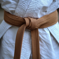 A white karate uniform with a belt.