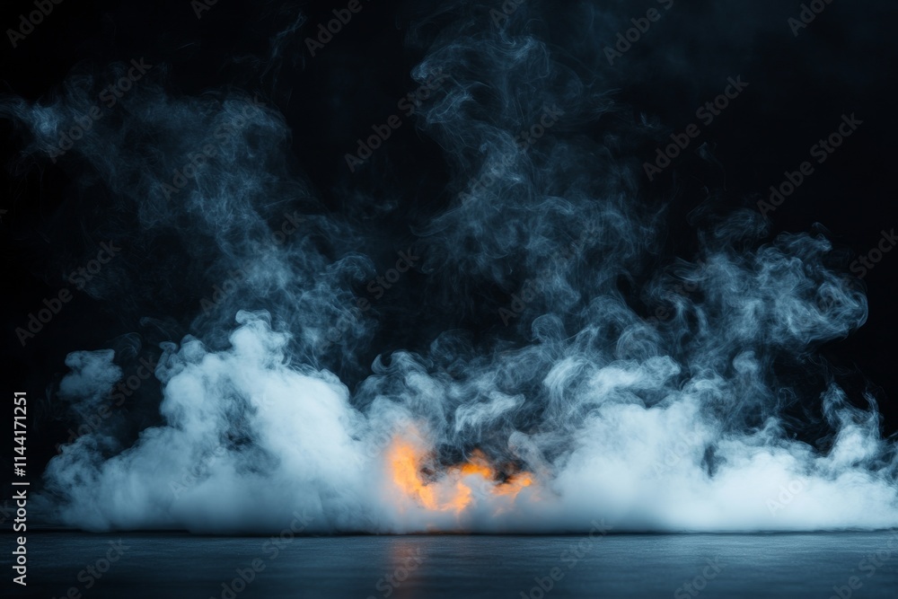 Poster smoke billows in a dark space with hints of orange light emerging from the background in a striking 