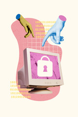 Vertical photo collage of hands point pc monitor screen keyhole lock access secret data password...