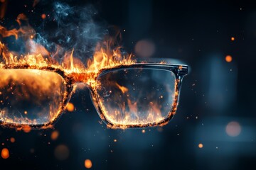 Glasses engulfed in flames create a striking visual contrast against a dark background