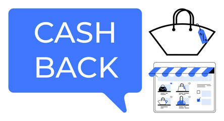 Large blue speech bubble with Cash Back, handbag with price tag, online store interface with product images. Ideal for marketing, e-commerce, online shopping, customer rewards, sales, business