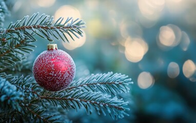 Obraz premium A close-up of frosty fir branches with a shiny red Christmas ornament nestled among the needles, softly glowing