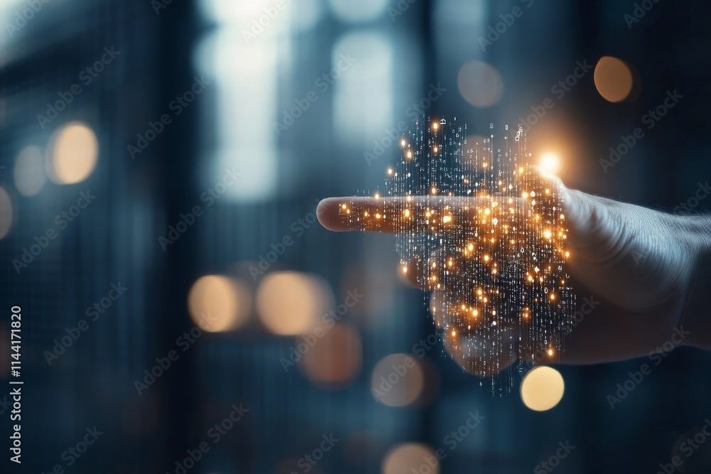 Poster hand points towards sparkling data visualization in a futuristic digital environment