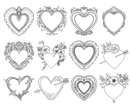 Set of hand drawn vector line art vintage hearts, isolated elements, line drawing wedding illustrations or design to Valentine's Day cards