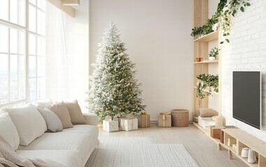 Obraz premium An airy studio apartment with a frosted Christmas tree, light wood flooring, and simple neutral holiday decor