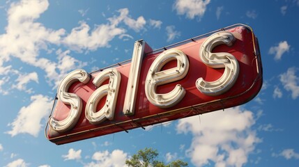 Vintage red "Sales" sign against a bright blue sky with scattered white clouds, perfect for retro-themed advertisements and store promotions.