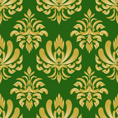 Damask seamless floral pattern, green and gold color, vintage design, luxury, vector illustration for elegant textile, decoration, interiors, wall paper, curtain, background, carpet