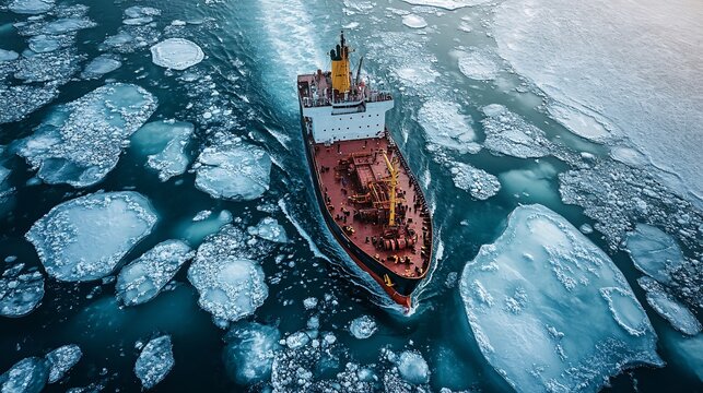 A ship navigating through the icy sea, cutting through the frozen waters, symbolizing the challenges of maritime transport in cold environments.