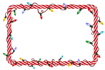 christmas candy cane frame christmas lights illustration New Year garland Winter banner decor xmas Hand drawn illustration on a transparent background