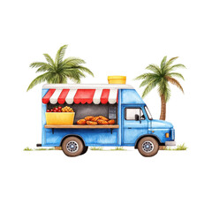Fototapeta premium Bright Watercolor Food Truck with Tropical Vibes