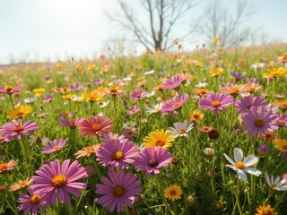Fototapeta premium Vibrant wildflowers bloom in a sun-drenched spring meadow, photography, idyllic