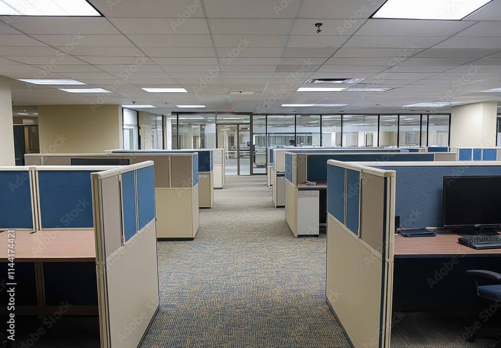 Poster modern office space with empty workstations and cubicles in a bright and spacious corporate environm
