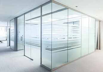 Modern Office Space with Glass Panels and Minimalist Design, Featuring Clean Lines and Bright Lighting for a Professional Environment