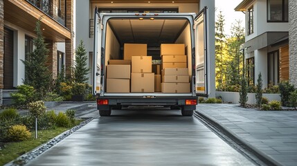 A moving truck in a residential driveway, loaded with stacked furniture and boxes, representing the organized process of home relocation and moving services.