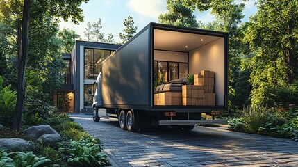 Moving truck parked in a residential driveway, with stacked furniture and neatly packed boxes in the open back, symbolizing home relocation services.