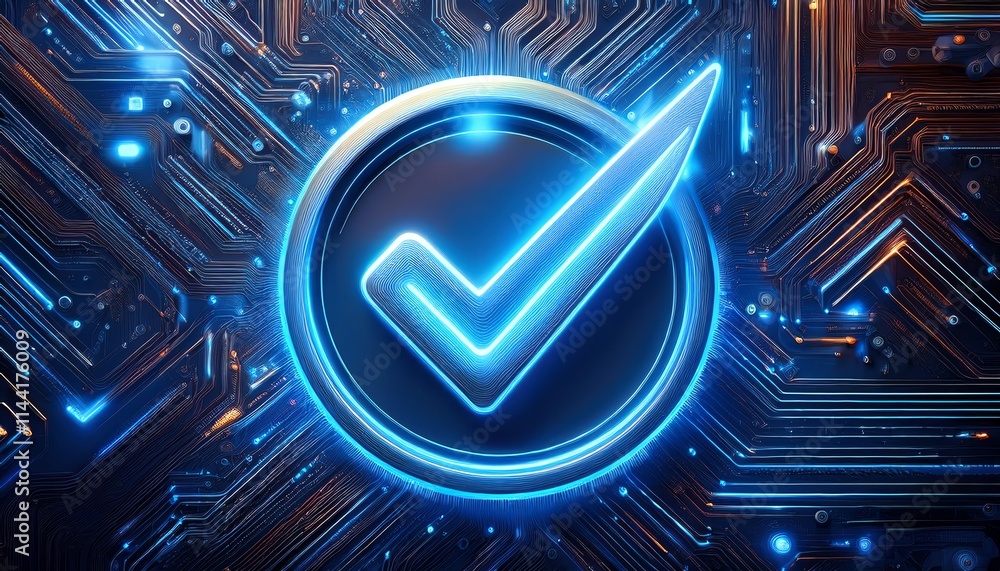 Poster a glowing blue check mark symbol on a futuristic circuit-patterned background, representing approval