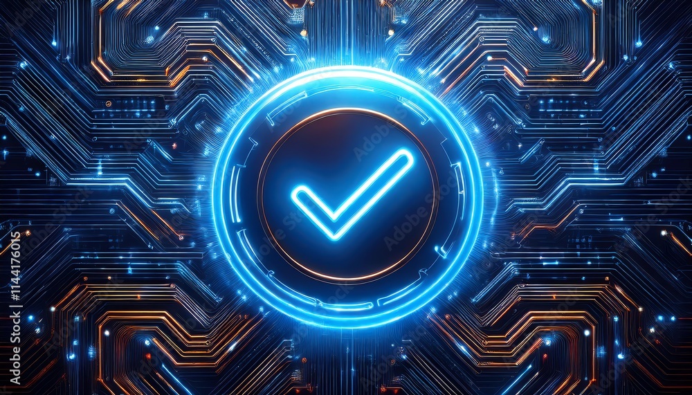 Poster a glowing blue checkmark surrounded by intricate circuit patterns, symbolizing technology and verifi