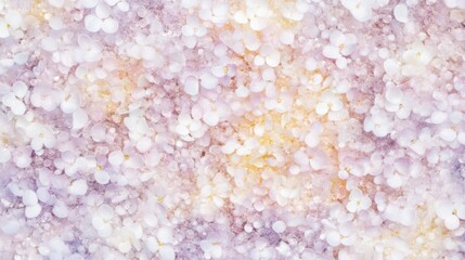 Delicate clusters of pastel pink, ivory, and lavender blossoms scattered gracefully, resembling a dreamy floral arrangement shimmering in soft morning light.