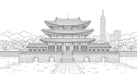 Traditional Temple with Modern Skyline Sketch
