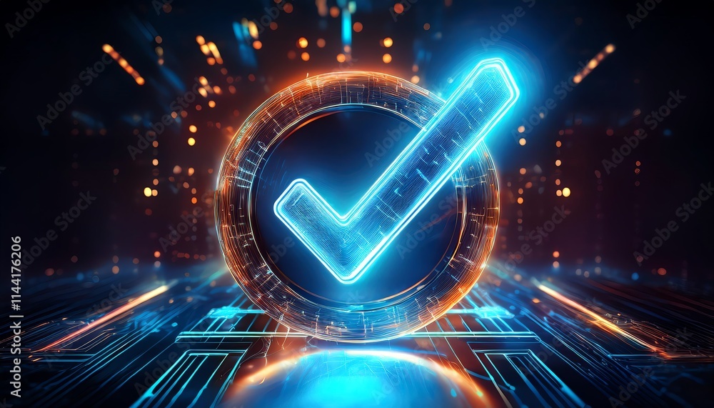 Poster a glowing checkmark icon surrounded by a futuristic circular design, representing validation and suc